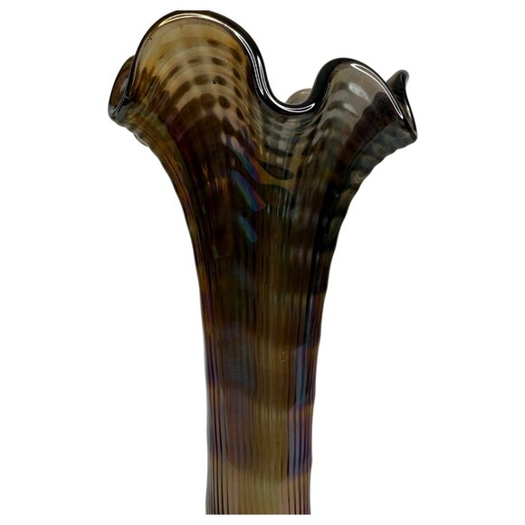 Vintage Imperial Ribbed Carnival Glass Swung Vase Iridescent Brown Purple Clear - Picture 9 of 11